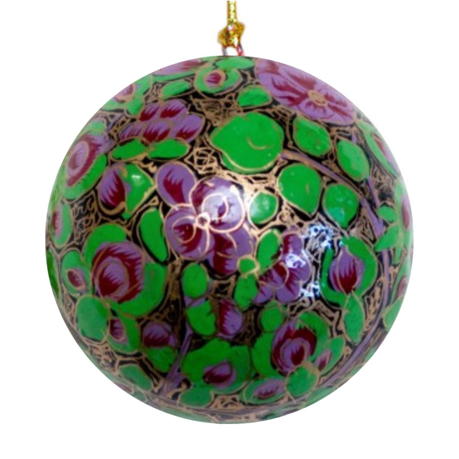 Pallina di Natale in cartapesta di riso dipinta a mano con decorazione floreale verde e viola