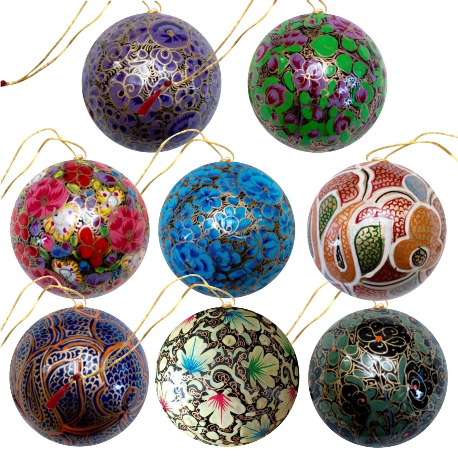 Set di 8 palline di Natale in cartapesta di riso dipinte a mano, assortimento A