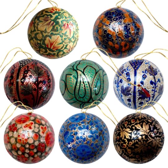 Set di 8 palline di Natale in cartapesta di riso dipinte a mano, assortimento B