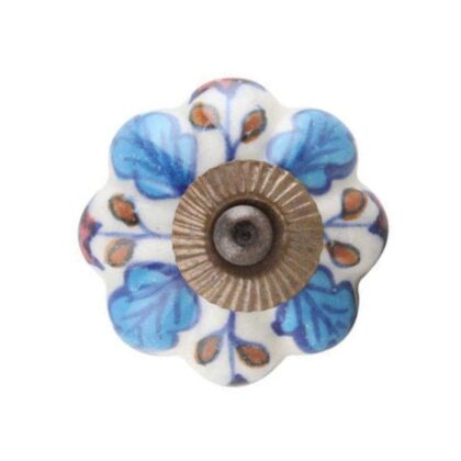 Pomello in ceramica bianco con decoro floreale blu e dettagli arancio MCK-15