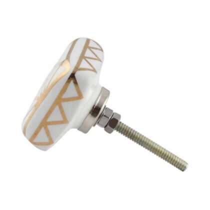 Pomello in ceramica quadrato bianco con decoro geometrico oro CK-1576, vista angolata