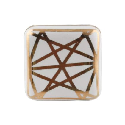 Pomello in ceramica quadrato bianco con decoro geometrico oro CK-1576, vista frontale