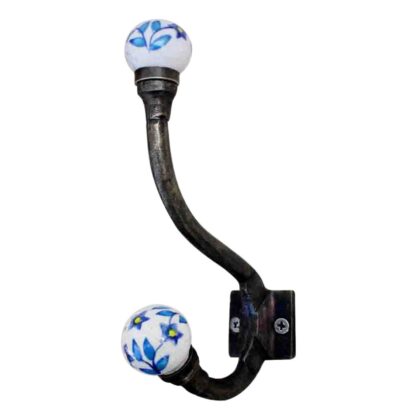 Gancio da parete WWH-107 con pomelli in ceramica bianca decorati con fiori blu