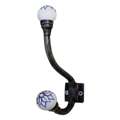 Gancio da parete WWH-121 bianco e blu con motivo floreale dipinto a mano