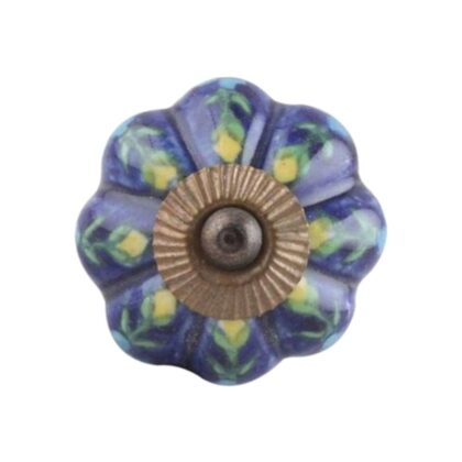 Pomello in ceramica blu con decoro floreale azzurro e giallo e accessori con finitura anticata/bronzata MCK-06