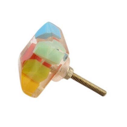 Pomello quadrato in resina trasparente con inserti geometrici colorati HBK-94
