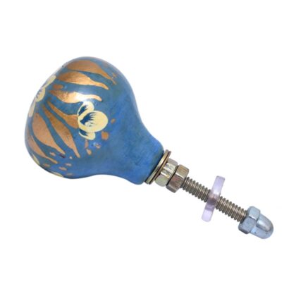 Pomello in legno blu con fiore crema e dettagli oro dipinto a mano WRK-200