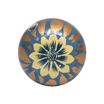 Pomello per mobili in legno blu con decoro floreale crema e dettagli dorati WRK-200