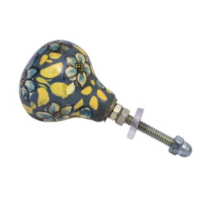 Pomello in legno blu con fiori azzurri e motivi gialli WRK-204