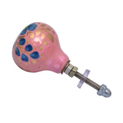 Pomello in legno rosa con fiori blu e dettagli oro dipinto a mano WRK-205