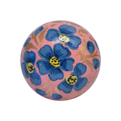Pomello per mobili in legno rosa con decoro floreale blu e dettagli dorati WRK-205