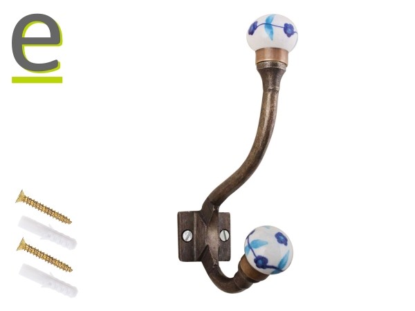 Gancio per abiti in stile vintage con pomelli decorati con fantasia floreale blu e azzurra