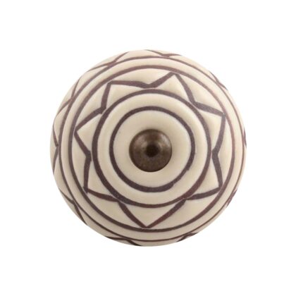 Pomello rotondo in ceramica avorio con cerchi concentrici e motivo a stella marrone CK-1470